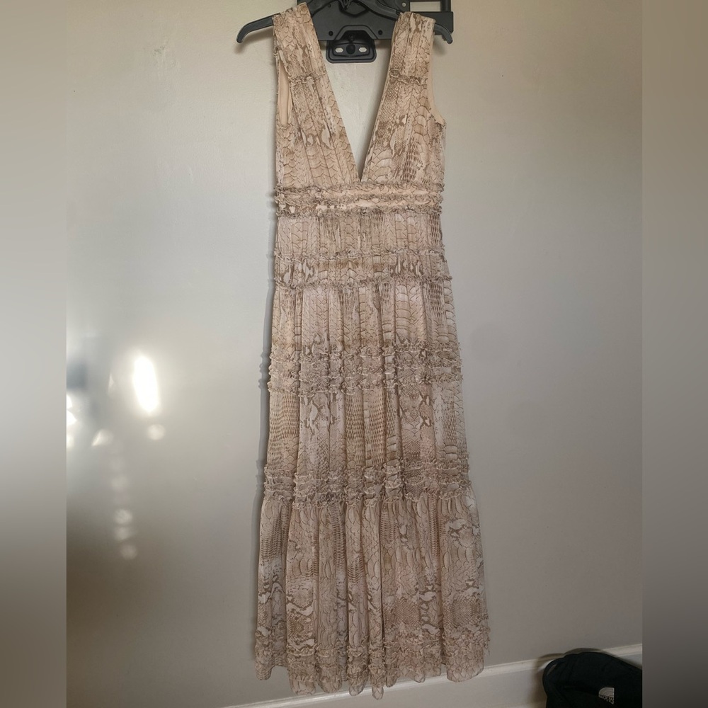 Gianni Bini Elegant Beige and Snake Print Low Cut Maxi Dress